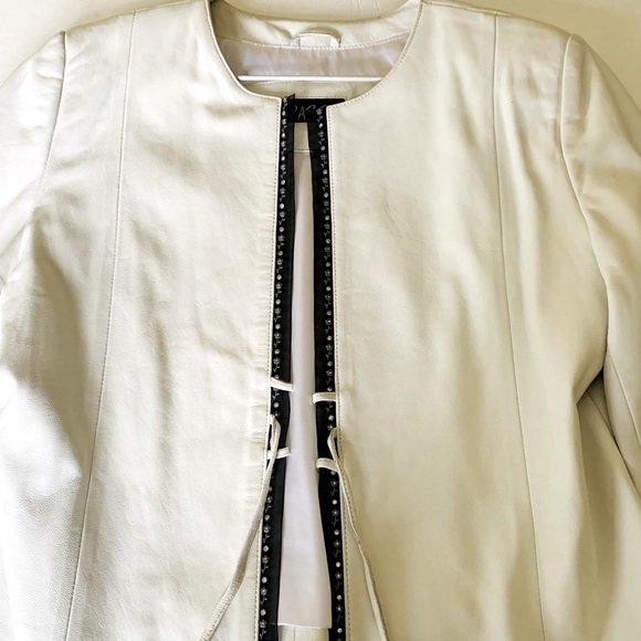 White Real lamb leather blazer Jacket Black Chiphon Trim With Rhinestones Eur L - Picture 11 of 13